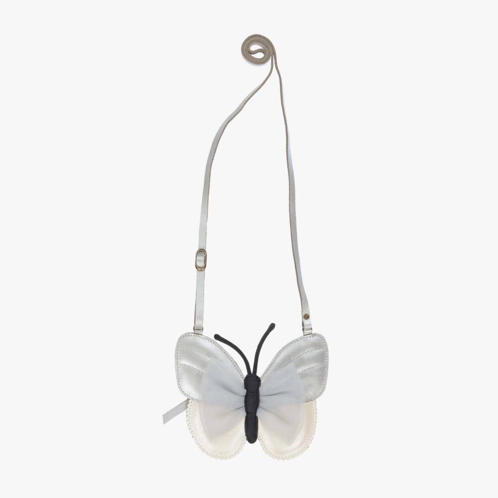 Donsje-Girls Silver Leather Butterfly Purse (13cm) | Childrensalon