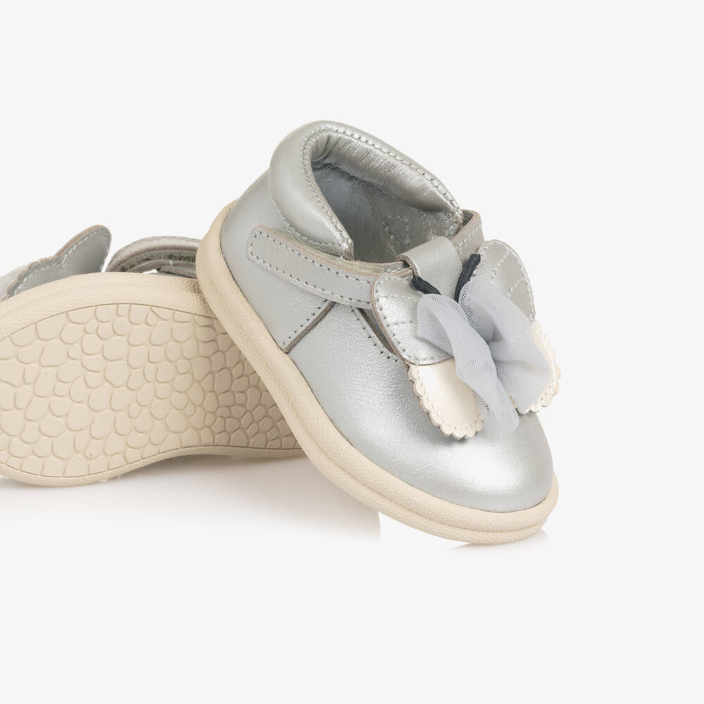 Donsje-Girls Silver Leather First Walkers with Butterfly Motif | Childrensalon