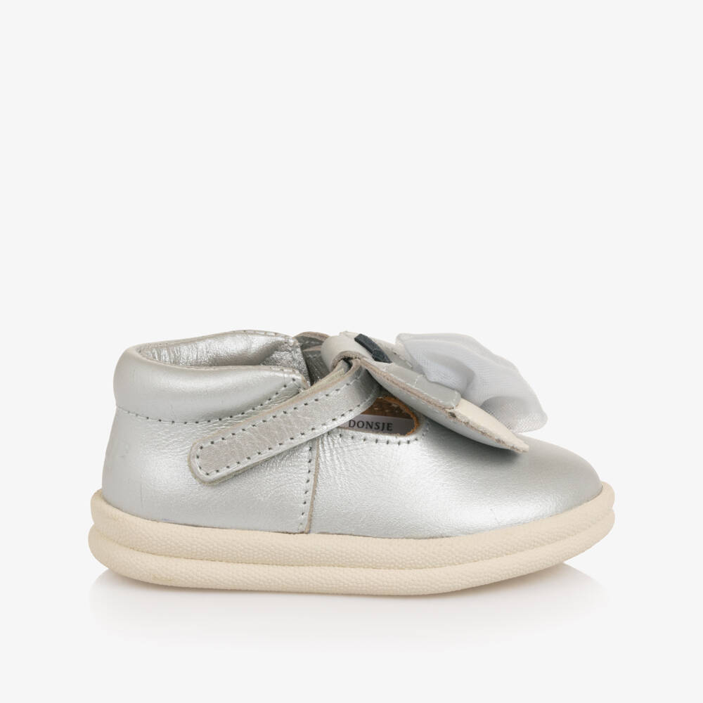 Donsje-Girls Silver Leather First Walkers with Butterfly Motif | Childrensalon