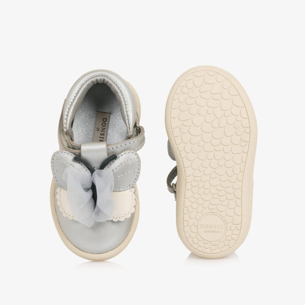 Donsje-Girls Silver Leather First Walkers with Butterfly Motif | Childrensalon
