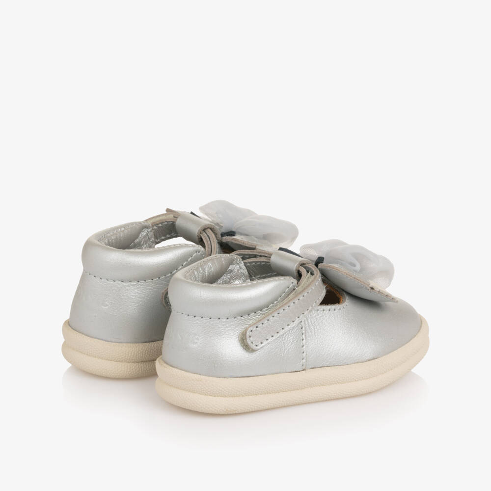 Donsje-Girls Silver Leather First Walkers with Butterfly Motif | Childrensalon