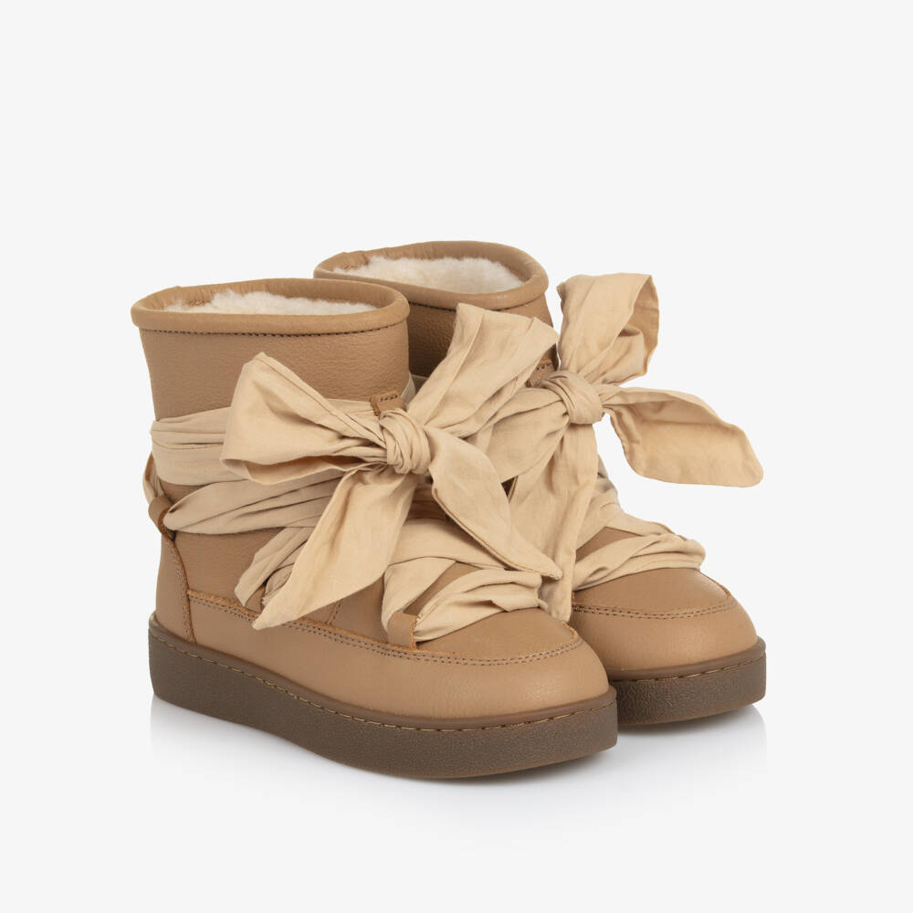 Donsje-Girls Tan Brown Boots with Ribbon Ties | Childrensalon