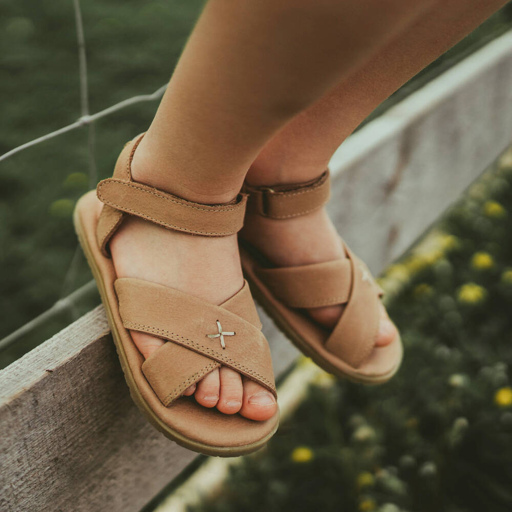 Donsje-Girls Taupe Brown Leather Velcro Sandals | Childrensalon