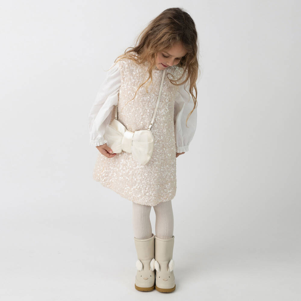 Donsje-Ivory Bow Leather Shoulder Bag (20cm) | Childrensalon