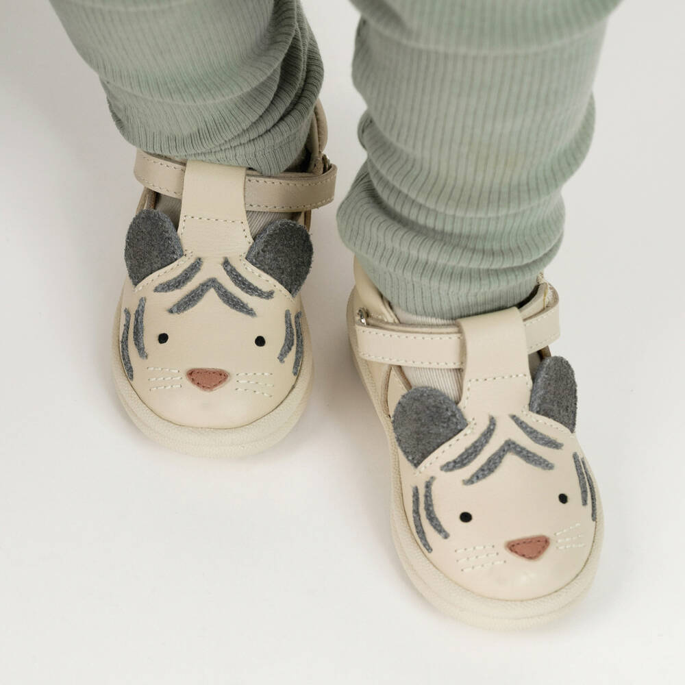 Donsje-Ivory Leather First Walker Shoes with Tiger Motif | Childrensalon