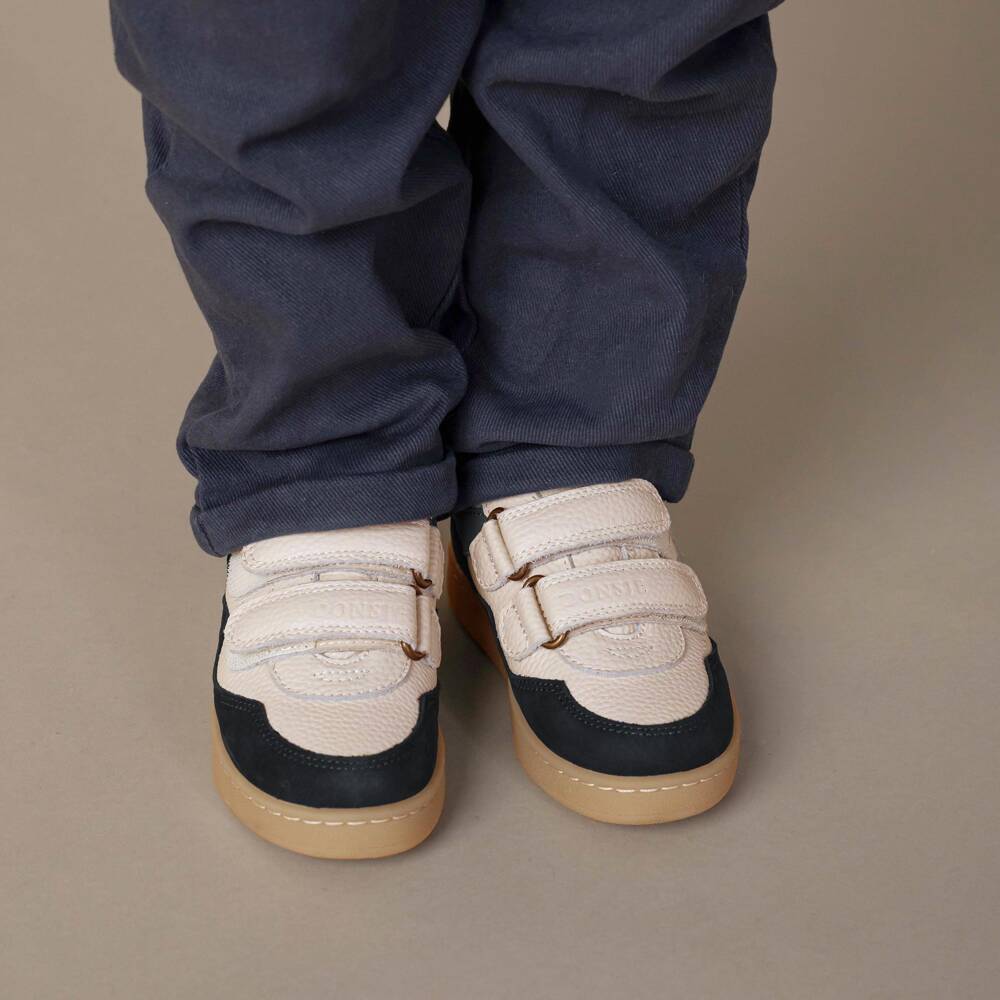 Donsje-Ivory & Navy Blue Leather Velcro Trainers | Childrensalon