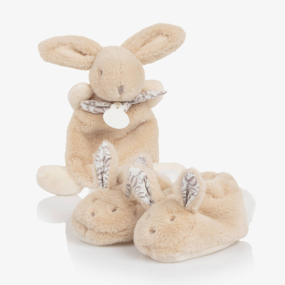 Doudou et Compagnie-Beige Plush Bunny Slippers & Comforter Set (15cm)  | Childrensalon