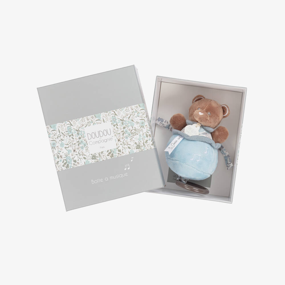 Doudou et Compagnie-Blue & Brown Teddy Bear Soft Music Pull Toy (20cm) | Childrensalon
