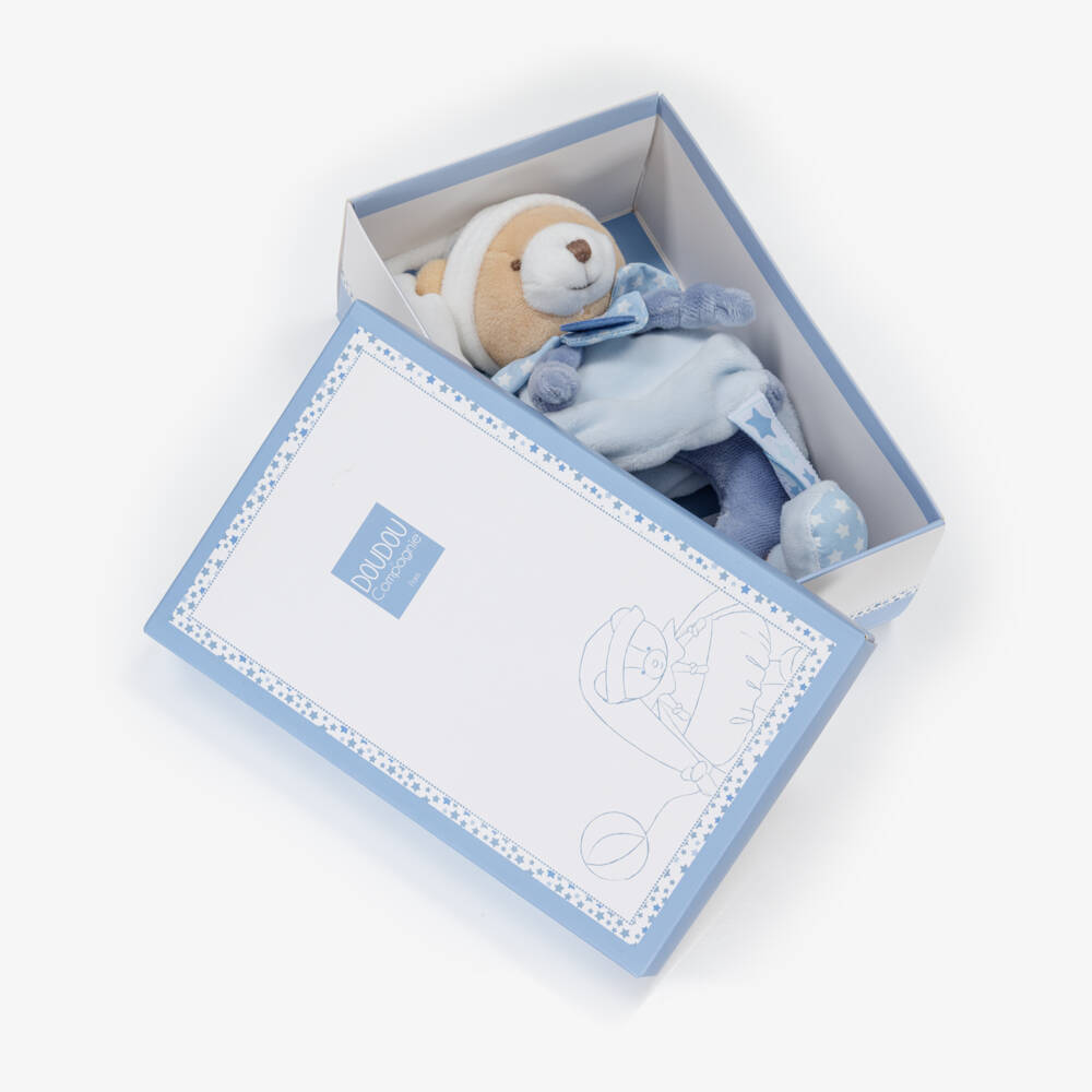 Doudou et Compagnie-Blue Plush Teddy Rattle (21cm) | Childrensalon
