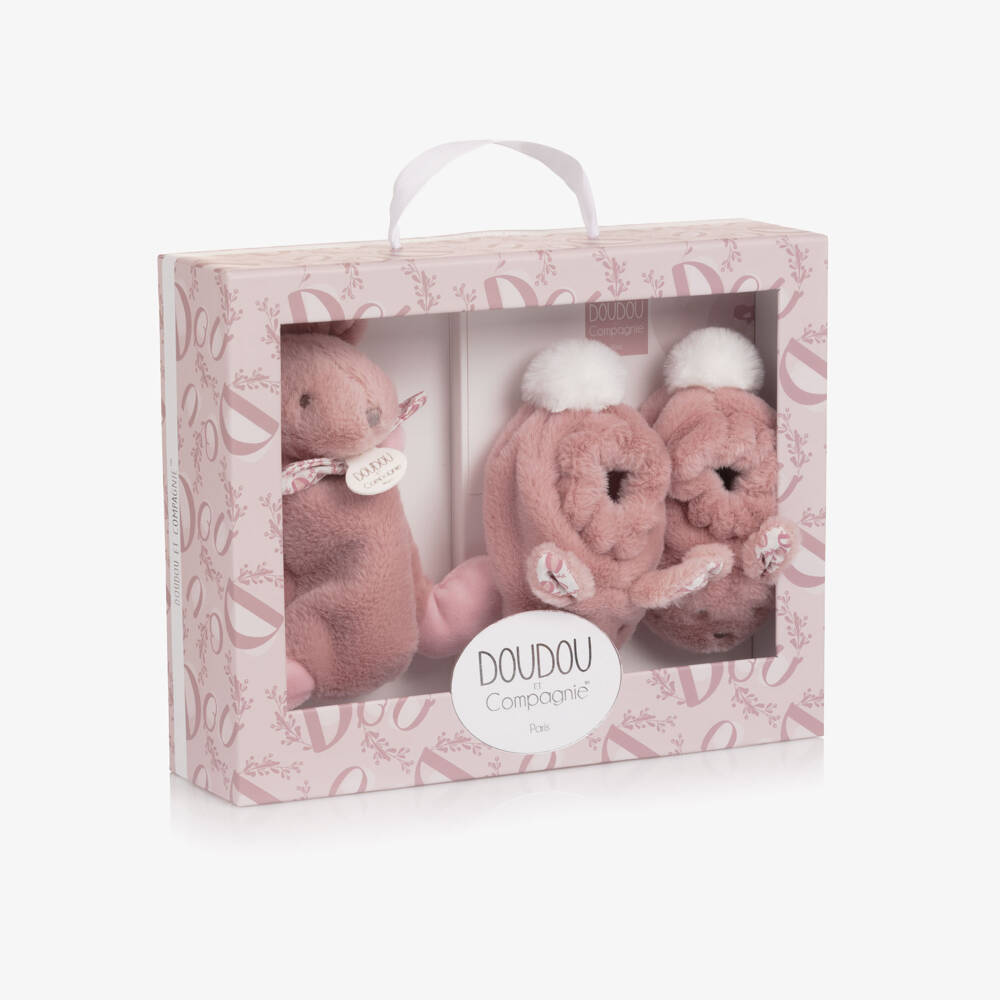 Doudou et Compagnie-Girls Pink Plush Bunny Slippers & Comforter Set (15cm)  | Childrensalon