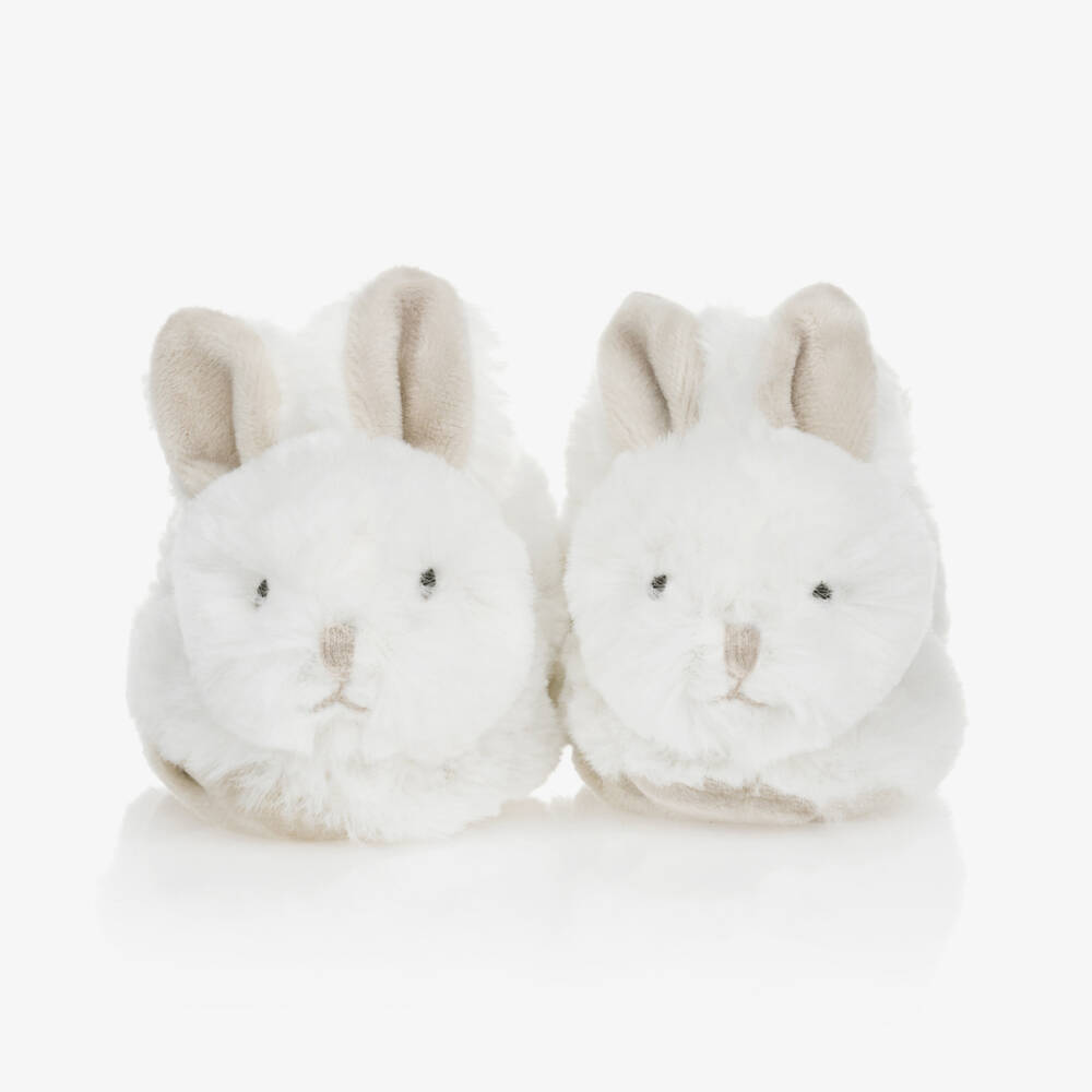 Doudou et Compagnie-White & Beige Plush Rattle Baby Slippers | Childrensalon