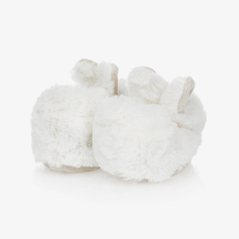Doudou et Compagnie-White & Beige Plush Rattle Baby Slippers | Childrensalon