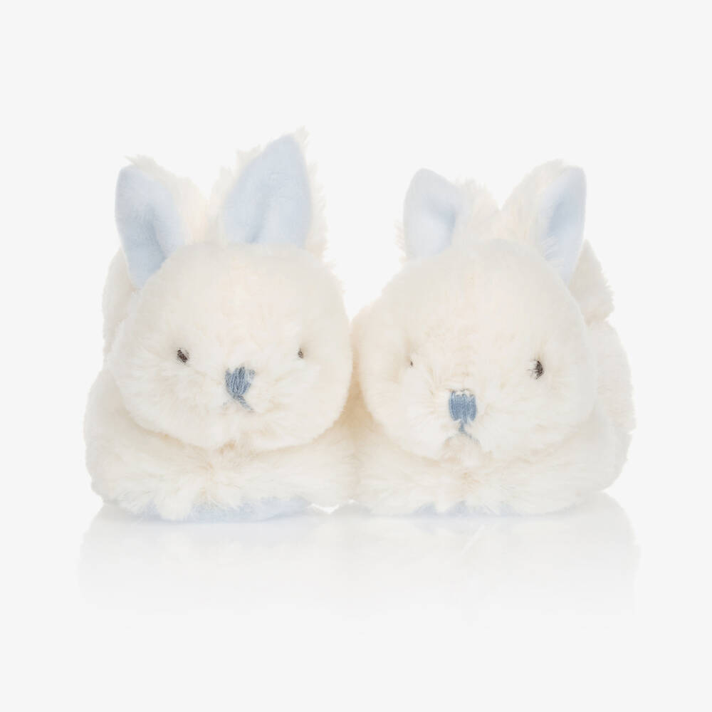 Doudou et Compagnie-White & Blue Plush Rattle Baby Slippers | Childrensalon