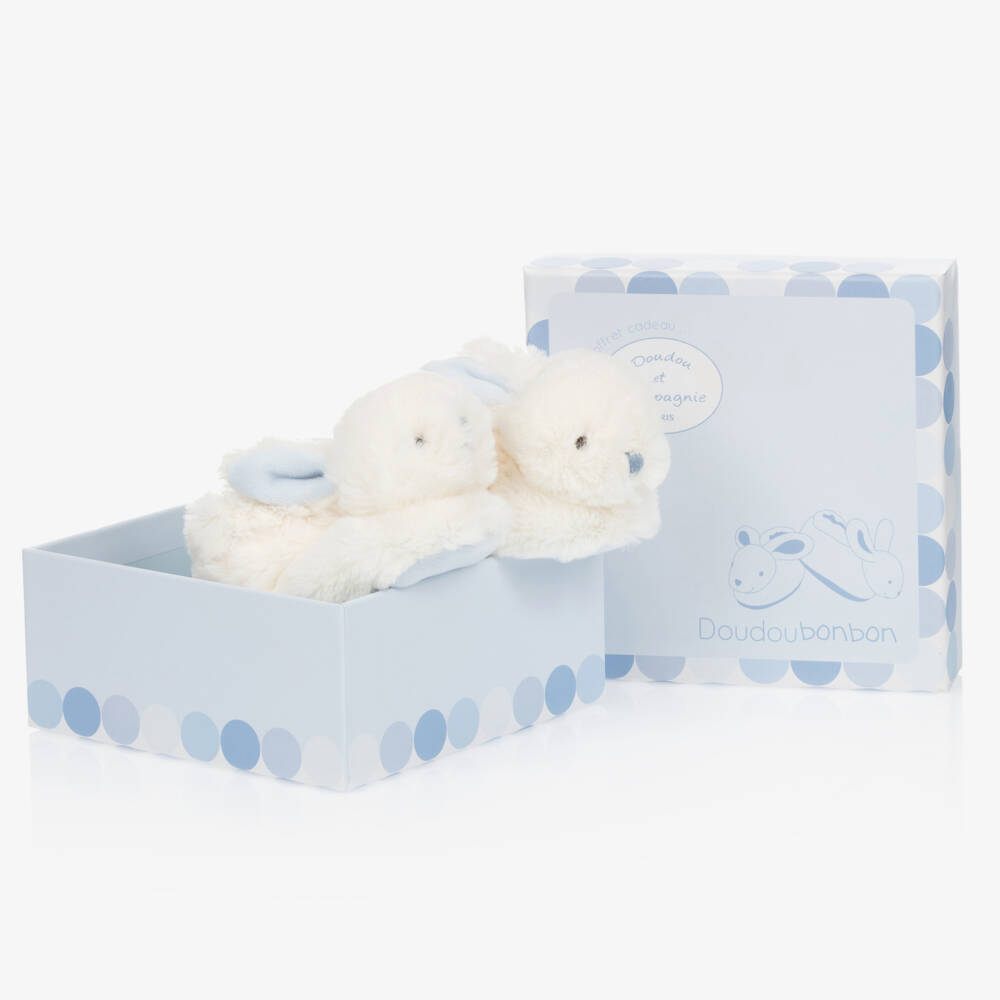 Doudou et Compagnie-White & Blue Plush Rattle Baby Slippers | Childrensalon