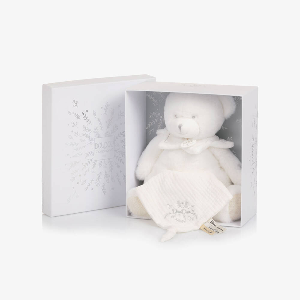 Doudou et Compagnie-White Plush Teddy Bear Comforter Soft Toy (30cm) | Childrensalon