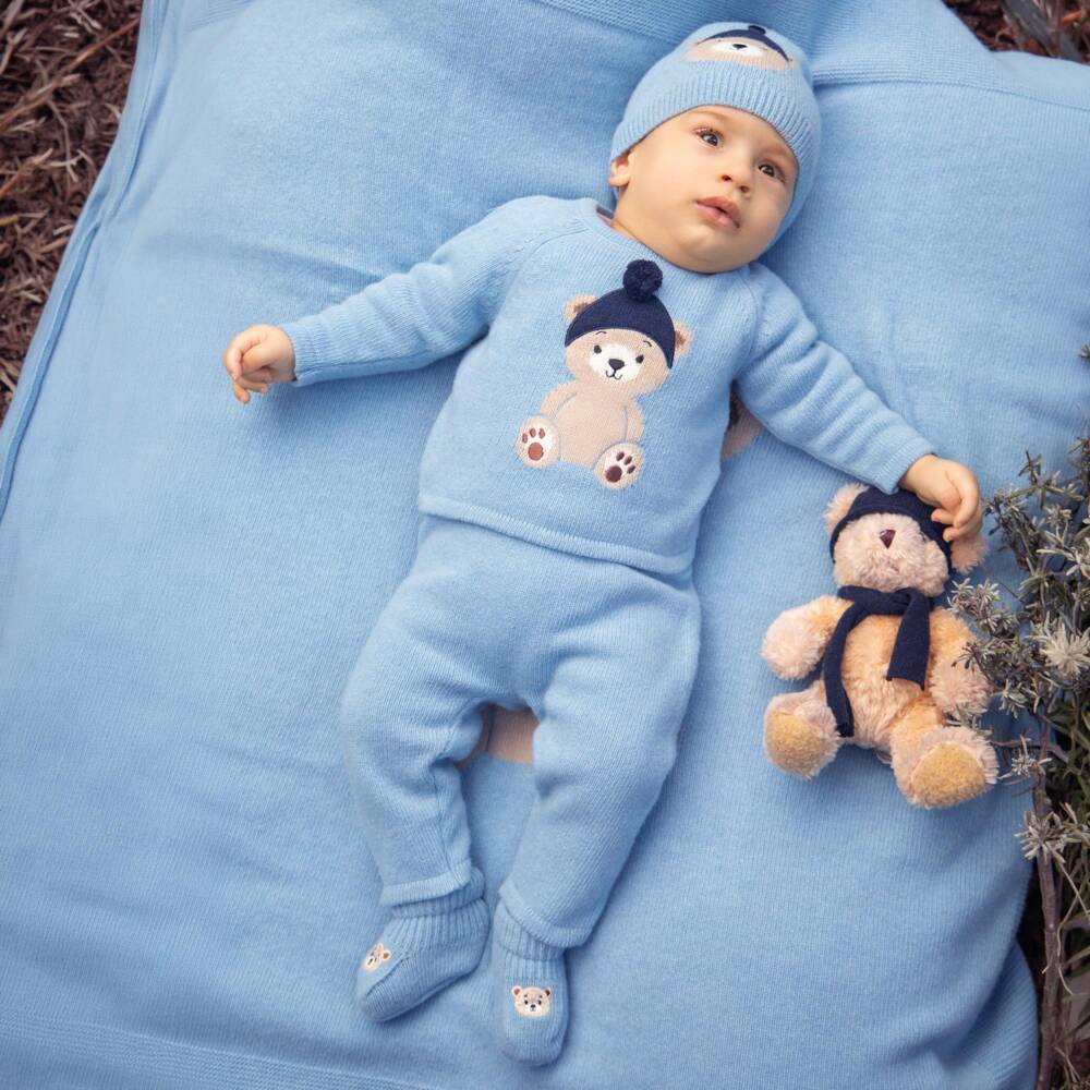 Dr. Kid-Baby Boys Blue Knit Bear Trouser Set | Childrensalon