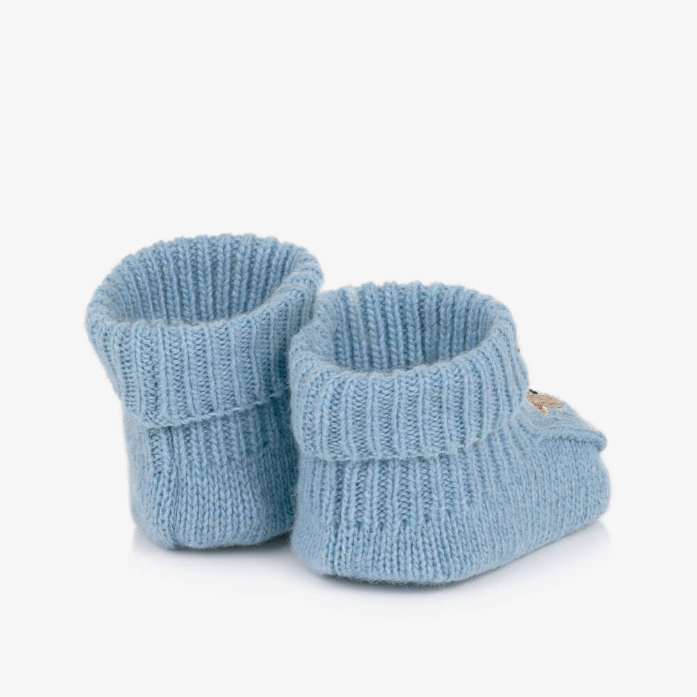 Dr. Kid-Baby Boys Blue Knitted Booties with Embroidered Bears | Childrensalon