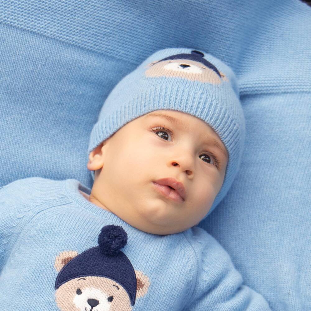 Dr. Kid-Baby Boys Blue Knitted Hat with Bear Intarsia | Childrensalon
