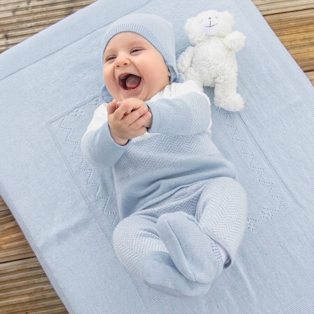 Dr. Kid-Baby Boys Blue Pointelle Knit Blanket (90cm) | Childrensalon