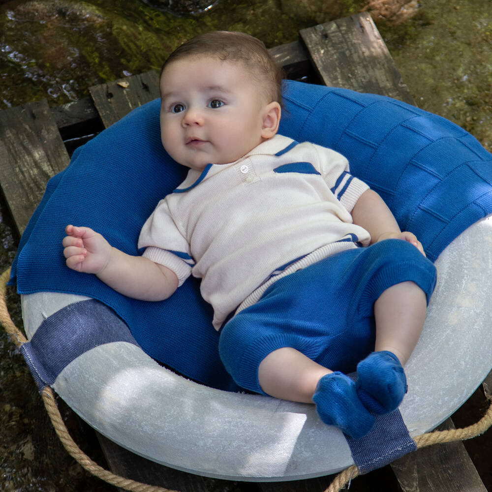 Dr. Kid-Baby Boys Ivory & Blue Cotton Knit Shorts Set | Childrensalon