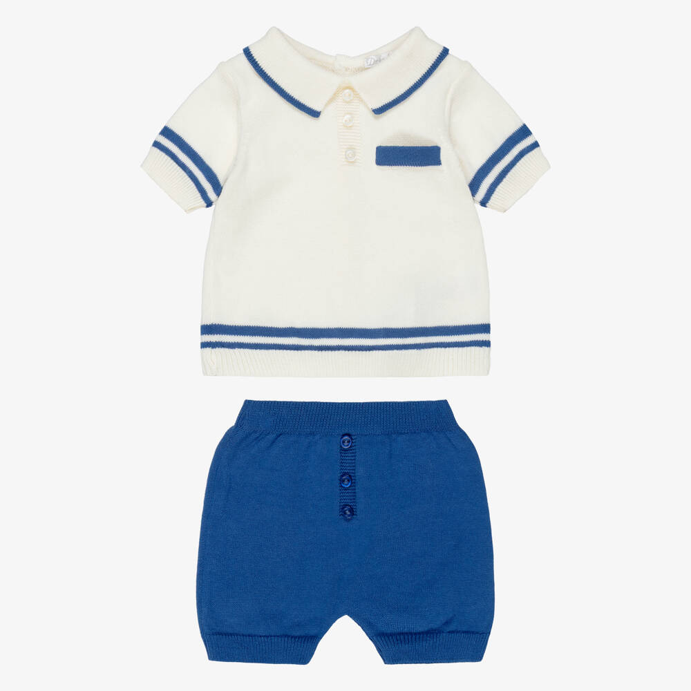 Dr. Kid-Baby Boys Ivory & Blue Cotton Knit Shorts Set | Childrensalon