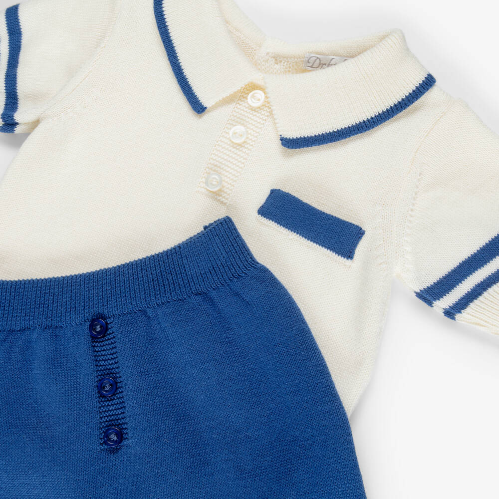 Dr. Kid-Baby Boys Ivory & Blue Cotton Knit Shorts Set | Childrensalon
