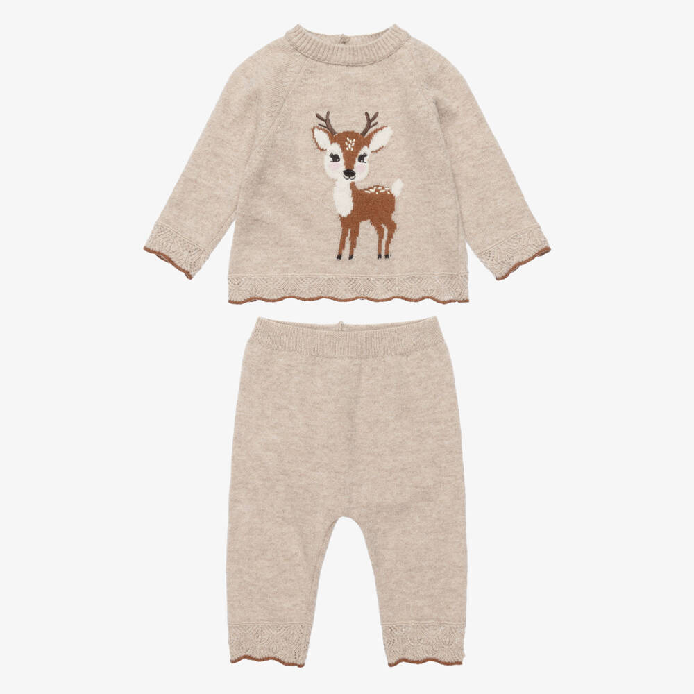 Dr. Kid-Baby Girls Beige Knit Trouser Set with Deer Motif | Childrensalon