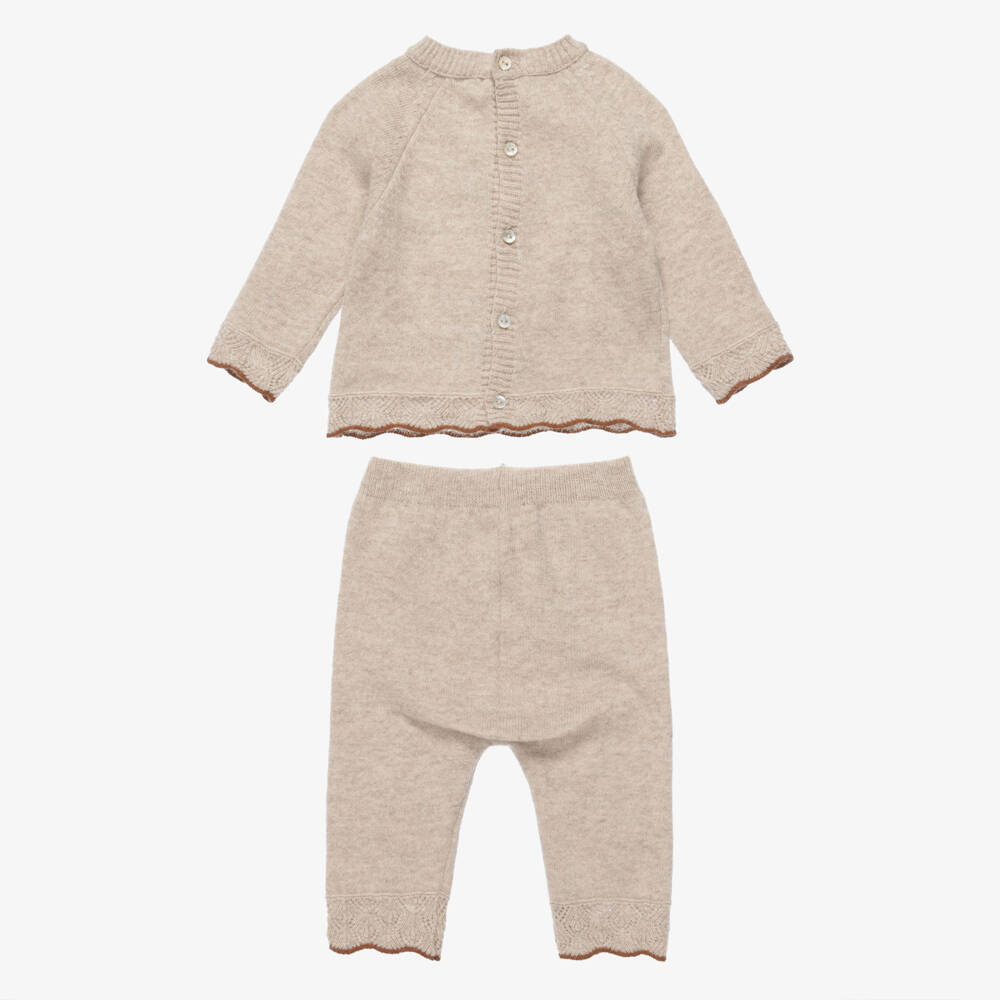 Dr. Kid-Baby Girls Beige Knit Trouser Set with Deer Motif | Childrensalon