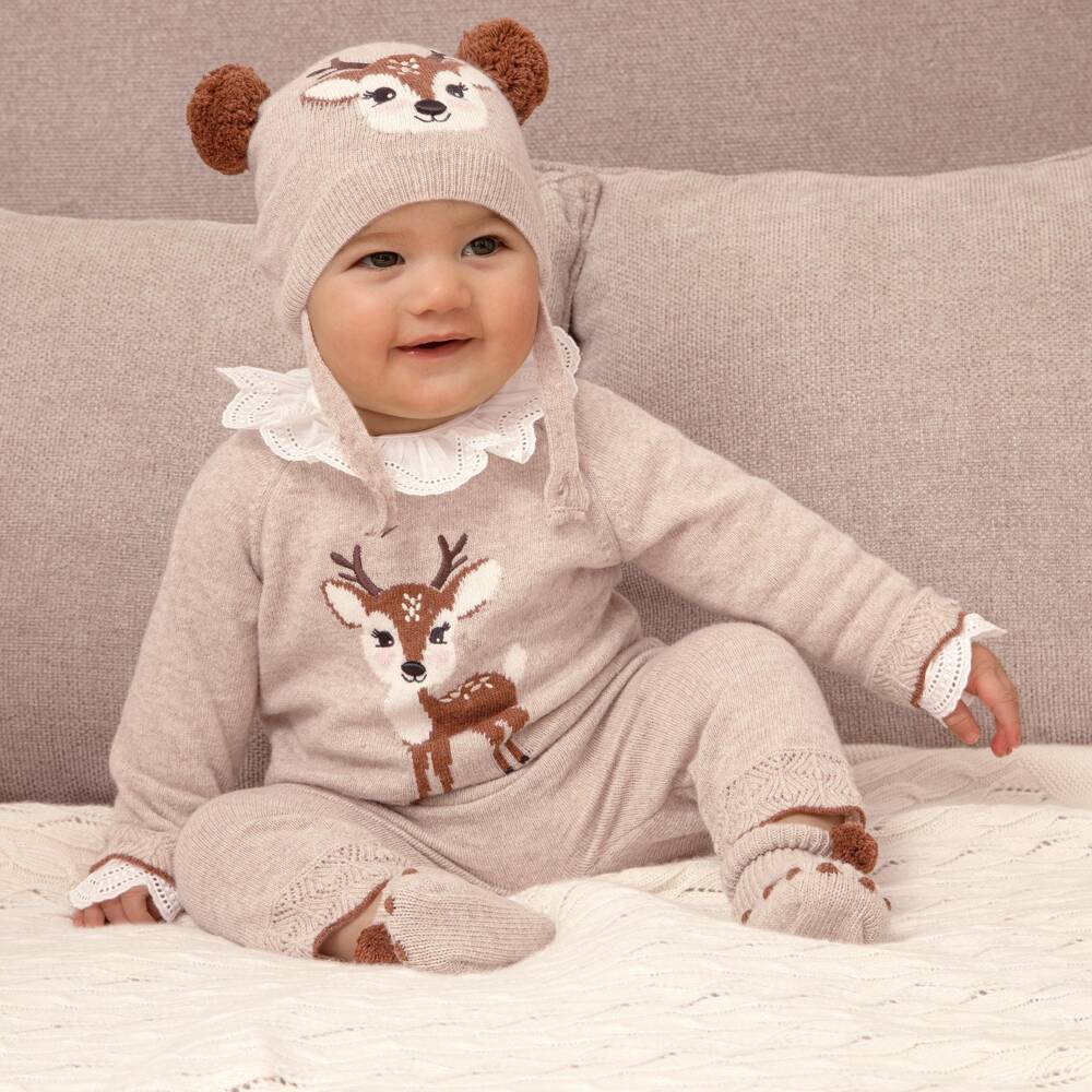 Dr. Kid-Baby Girls Beige Knit Trouser Set with Deer Motif | Childrensalon