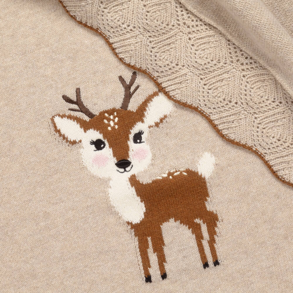 Dr. Kid-Baby Girls Beige Knitted Blanket with Deer Intarsia (90cm) | Childrensalon