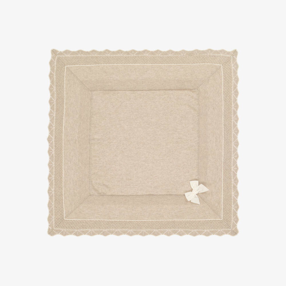 Dr. Kid-Baby Girls Beige Knitted Blanket with Velvet Bow (84cm) | Childrensalon