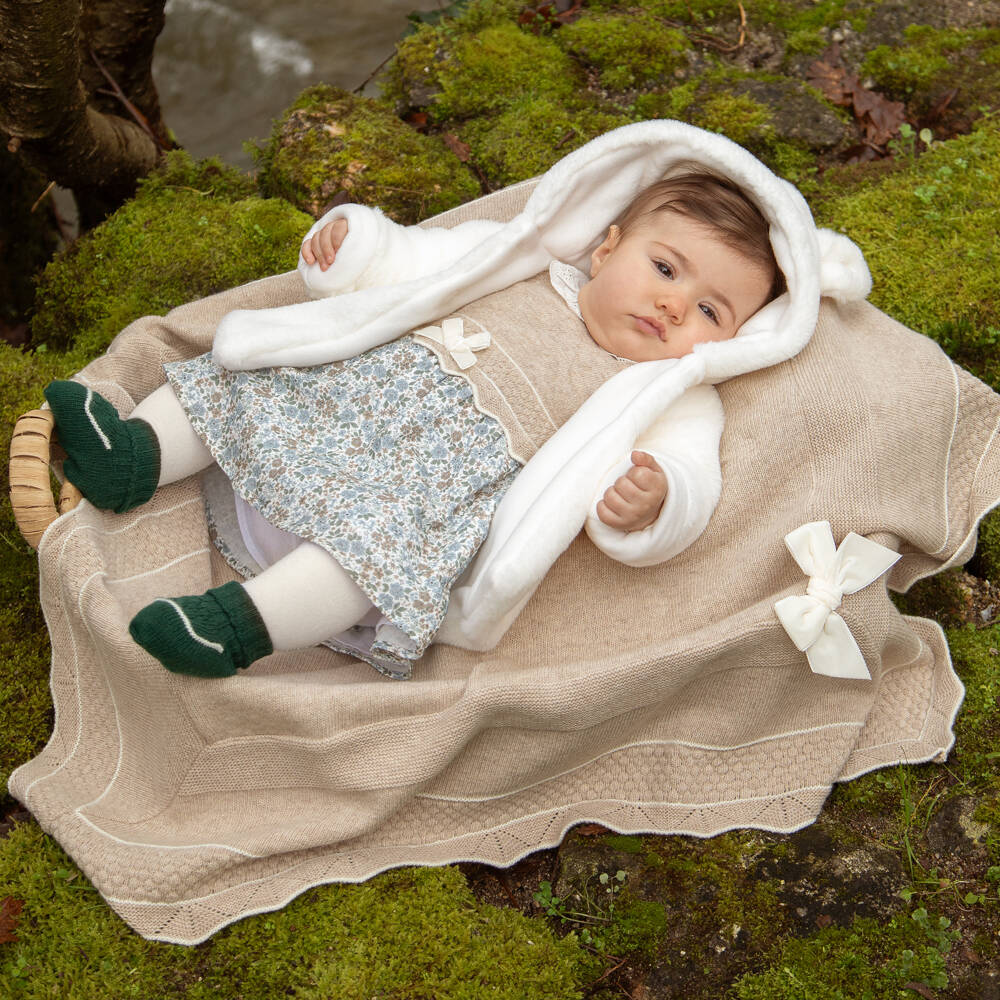 Dr. Kid-Baby Girls Beige Knitted Blanket with Velvet Bow (84cm) | Childrensalon
