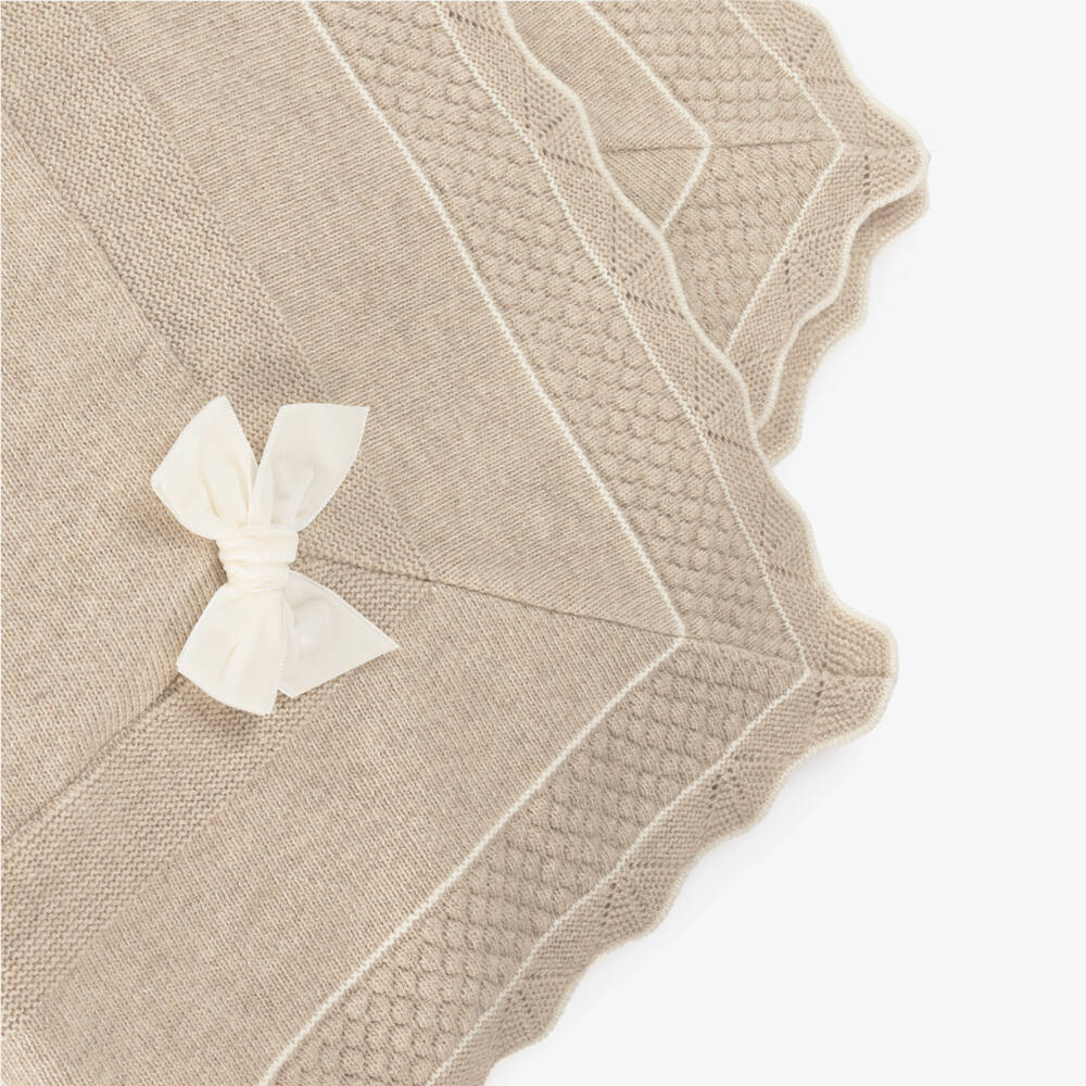 Dr. Kid-Baby Girls Beige Knitted Blanket with Velvet Bow (84cm) | Childrensalon