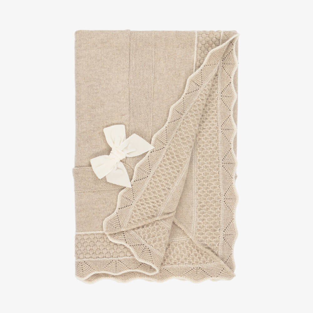 Dr. Kid-Baby Girls Beige Knitted Blanket with Velvet Bow (84cm) | Childrensalon