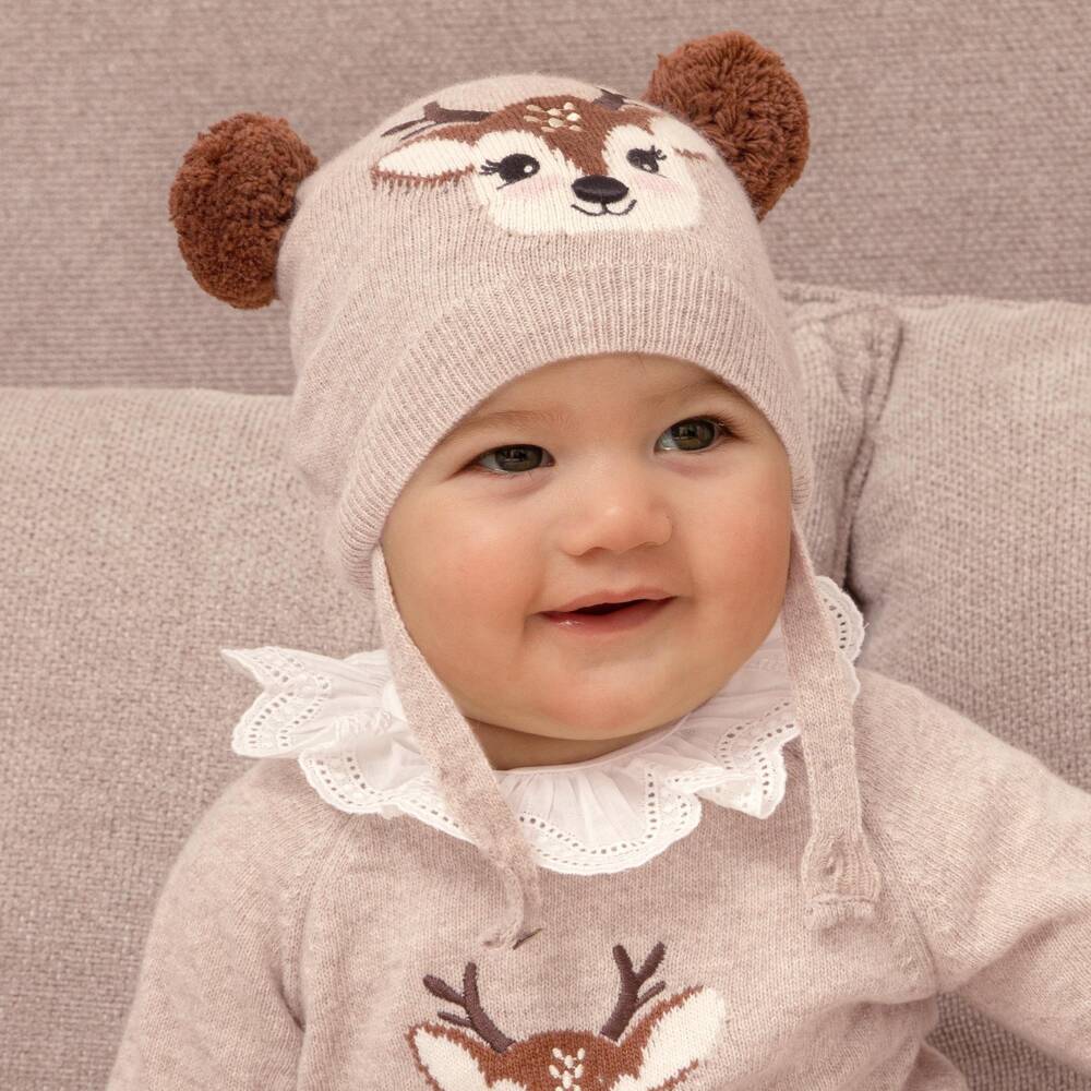 Dr. Kid-Baby Girls Beige Knitted Hat with Deer Intarsia | Childrensalon