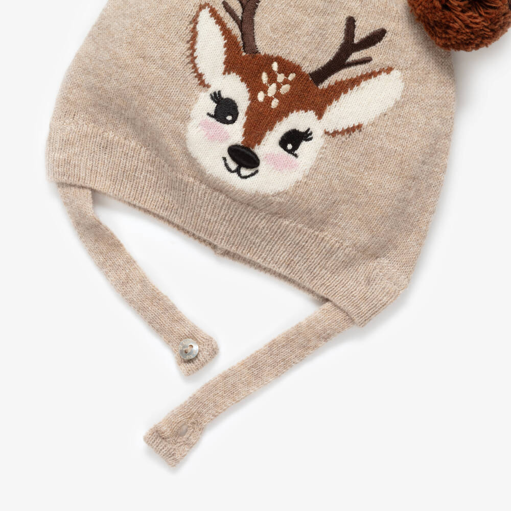 Dr. Kid-Baby Girls Beige Knitted Hat with Deer Intarsia | Childrensalon