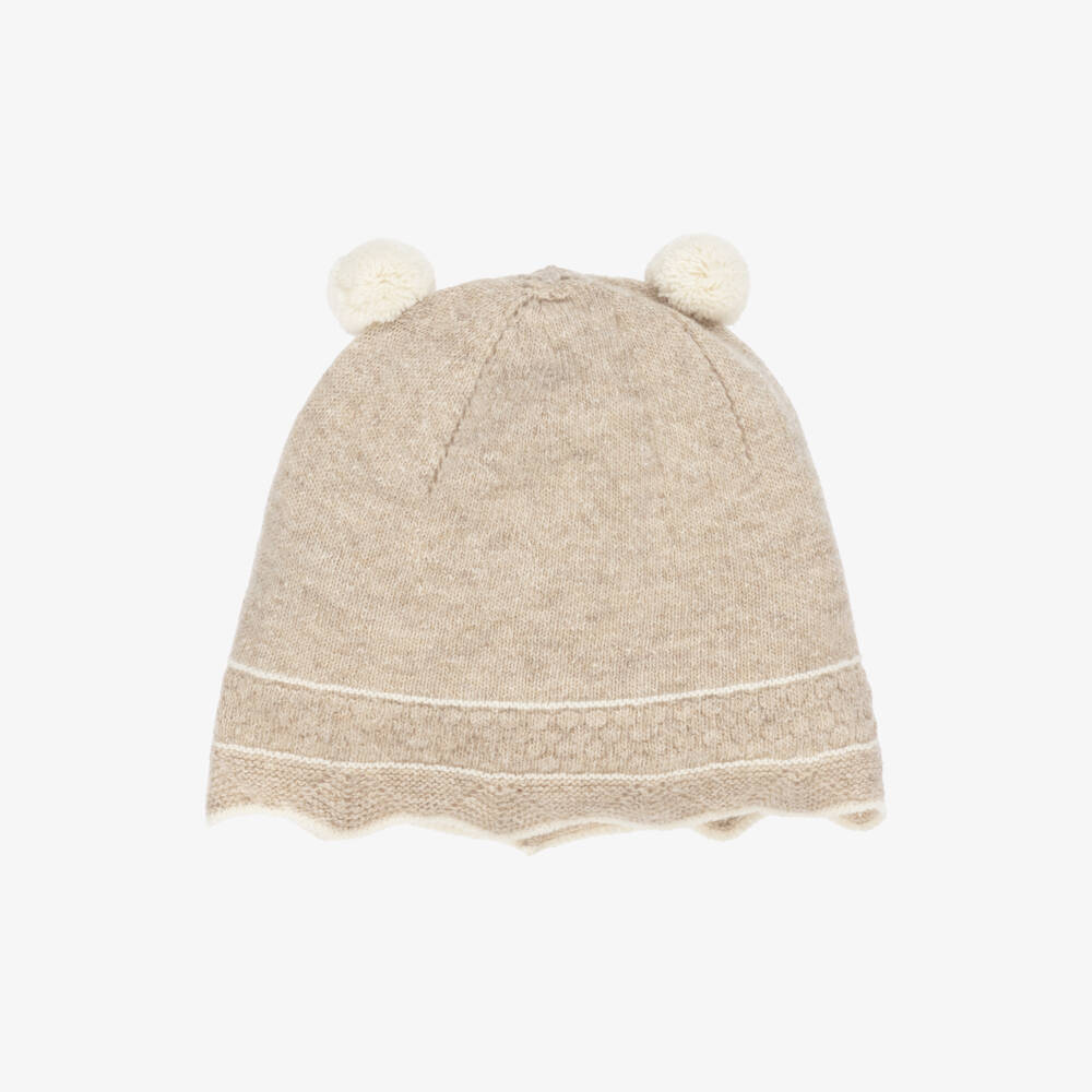 Dr. Kid-Baby Girls Beige Wool & Cotton Knit Hat with Pom-Poms | Childrensalon