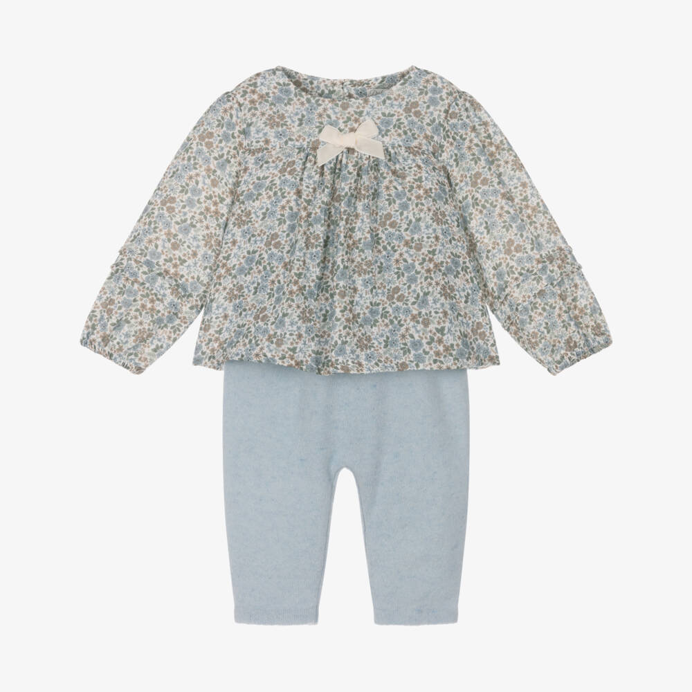 Dr. Kid-Baby Girls Blue Floral Cotton & Knitted Leggings Set | Childrensalon
