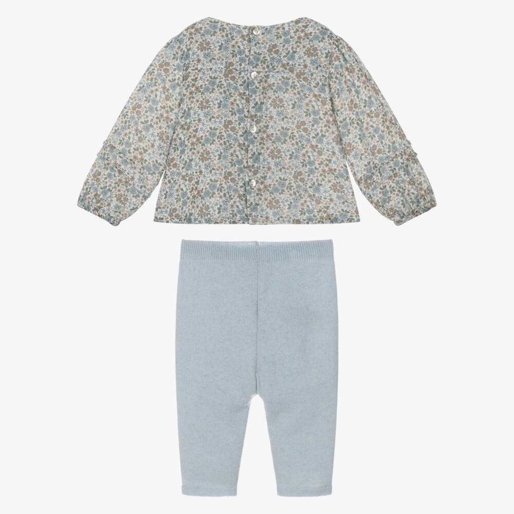 Dr. Kid-Baby Girls Blue Floral Cotton & Knitted Leggings Set | Childrensalon
