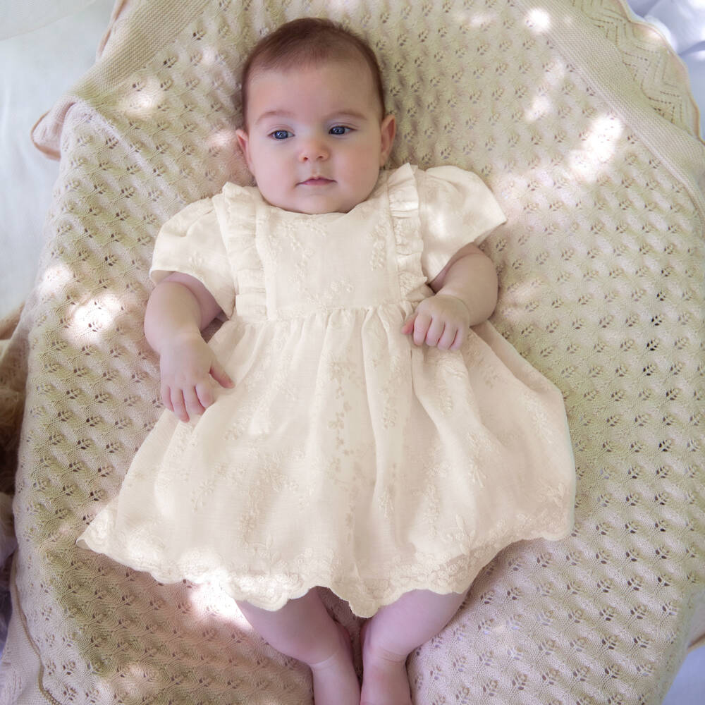 Dr. Kid-Baby Girls Ivory Cotton Dress with Ruffles & Floral Embroidery | Childrensalon