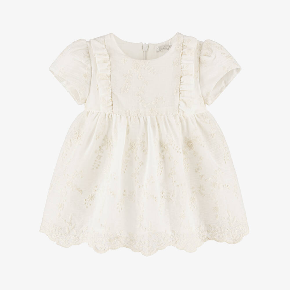 Dr. Kid-Baby Girls Ivory Cotton Dress with Ruffles & Floral Embroidery | Childrensalon