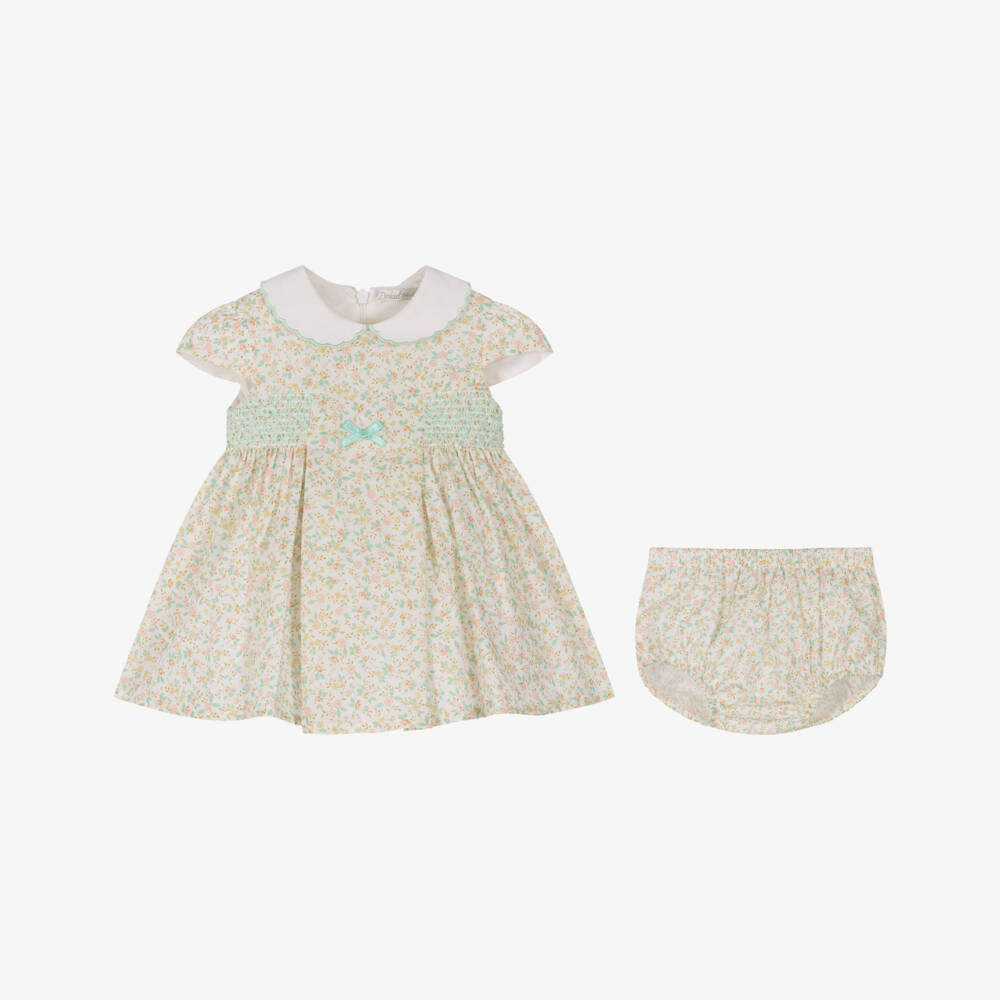 Dr. Kid-Baby Girls Ivory Dress with Smocking & Ditsy Floral Print | Childrensalon