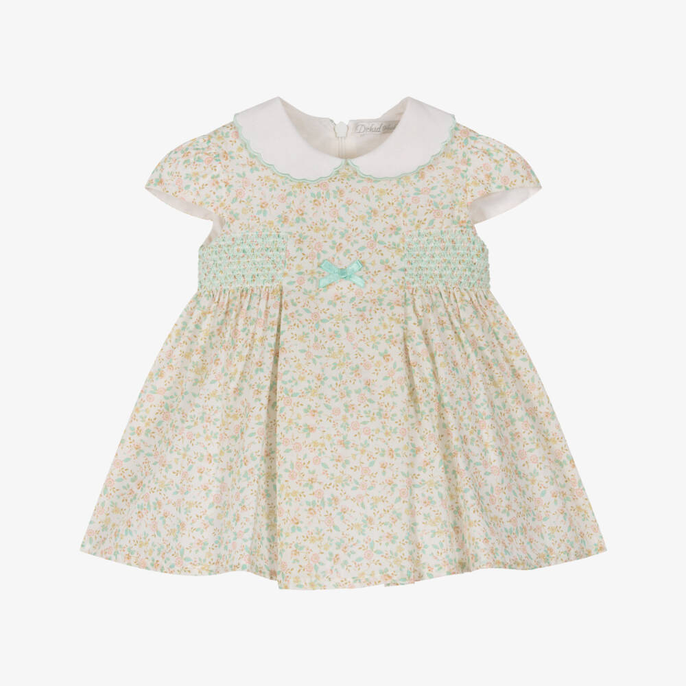 Dr. Kid-Baby Girls Ivory Dress with Smocking & Ditsy Floral Print | Childrensalon
