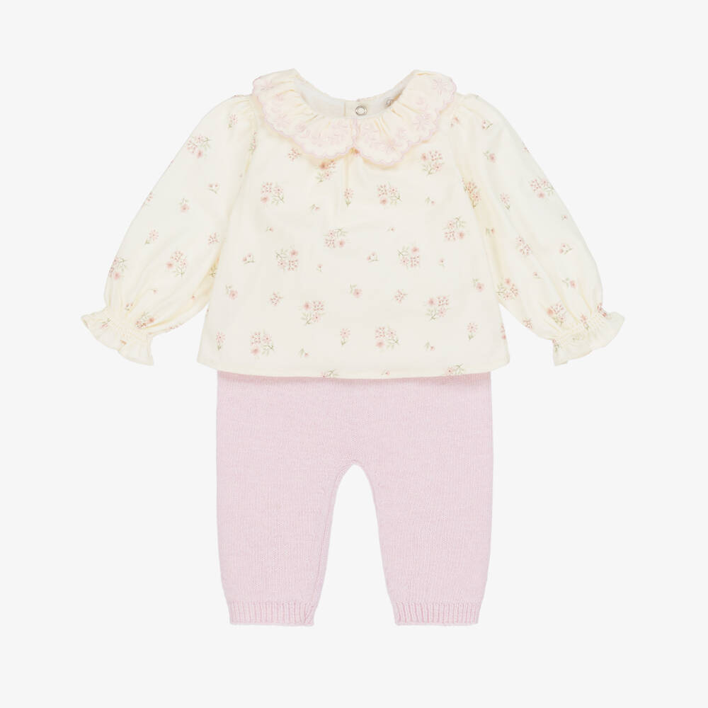 Dr. Kid-Baby Girls Ivory Floral Cotton & Pink Knit Leggings Set | Childrensalon