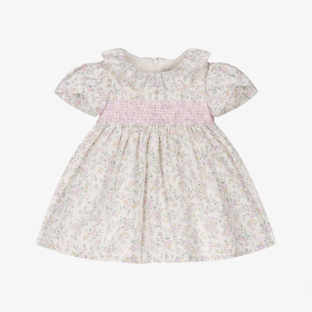 Dr. Kid-Baby Girls Ivory & Lilac Floral Print Smocked Cotton Dress | Childrensalon