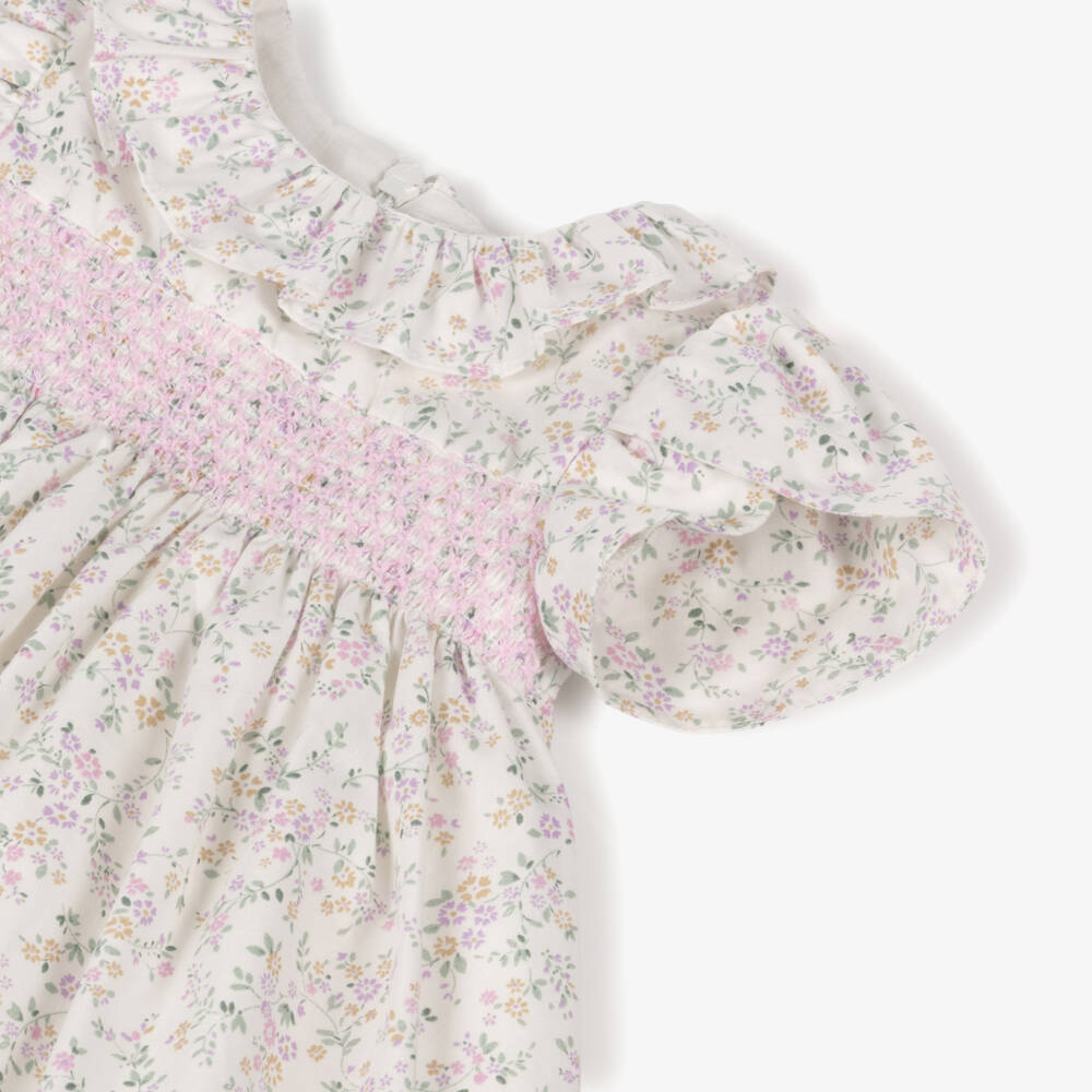 Dr. Kid-Baby Girls Ivory & Lilac Floral Print Smocked Cotton Dress | Childrensalon