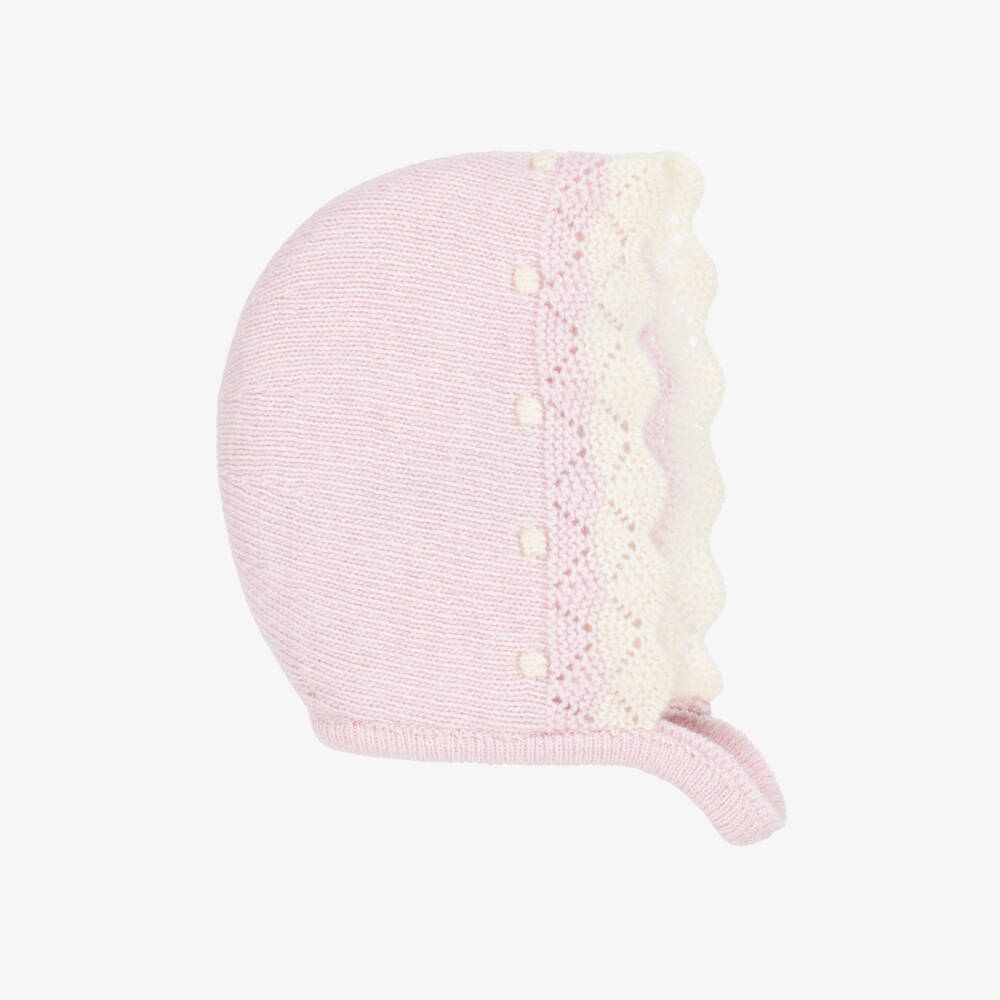 Dr. Kid-Baby Girls Knitted Pink Bonnet with Ivory Trim | Childrensalon