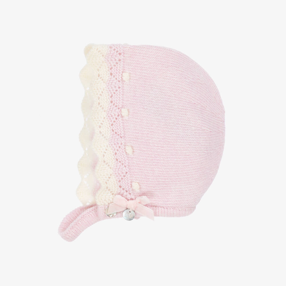 Dr. Kid-Baby Girls Knitted Pink Bonnet with Ivory Trim | Childrensalon