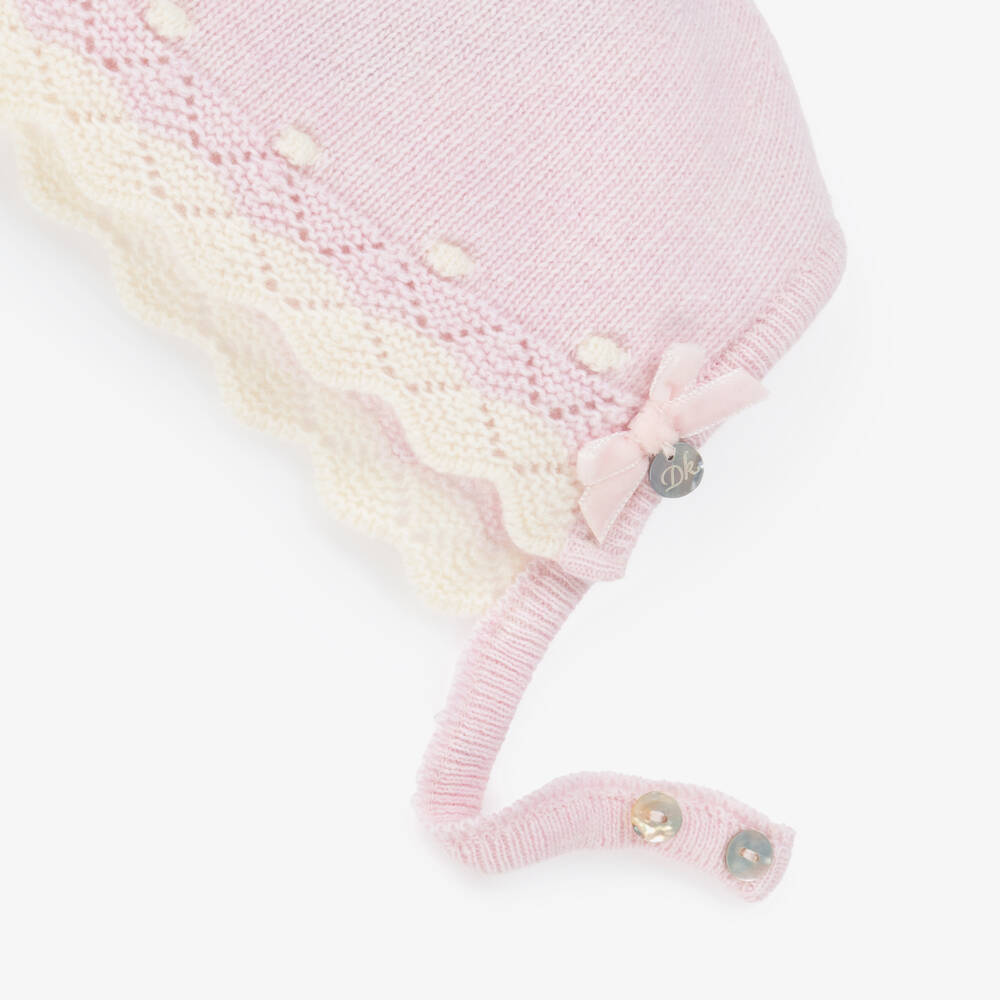 Dr. Kid-Baby Girls Knitted Pink Bonnet with Ivory Trim | Childrensalon