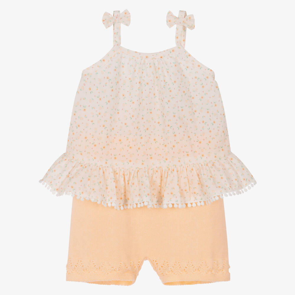 Dr. Kid-Baby Girls Pastel Orange Knitted Shorts Set | Childrensalon